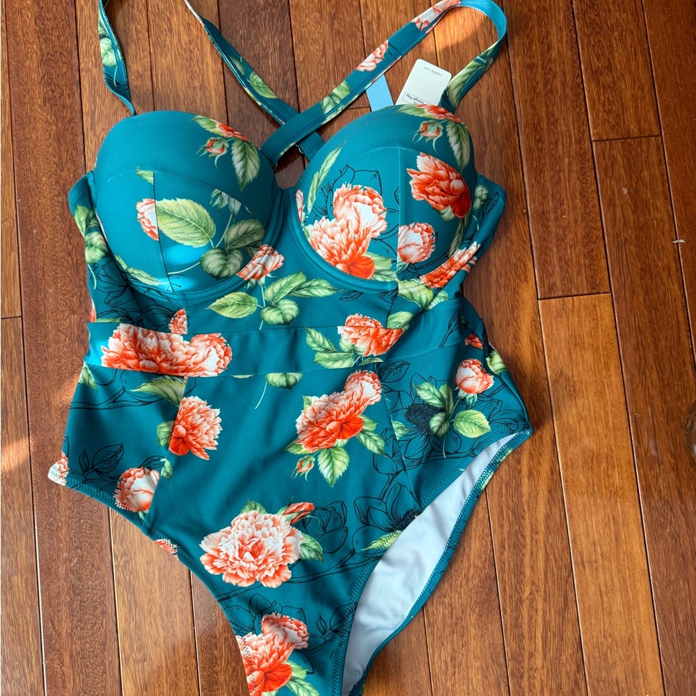 Cupshe Blue and Orange Floral One Piece Swimsuit